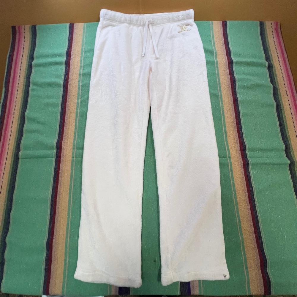 Juicy Couture Pajama Pants Womens M White Plush Fleece Gold Logo Y2K Loungewear
